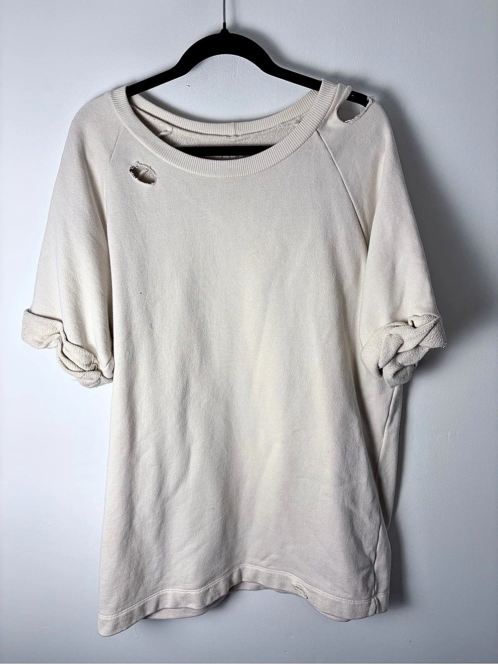 Tyler Jacobs Cream Distressed Short Sleeve French Terry Sweatshirt Top L